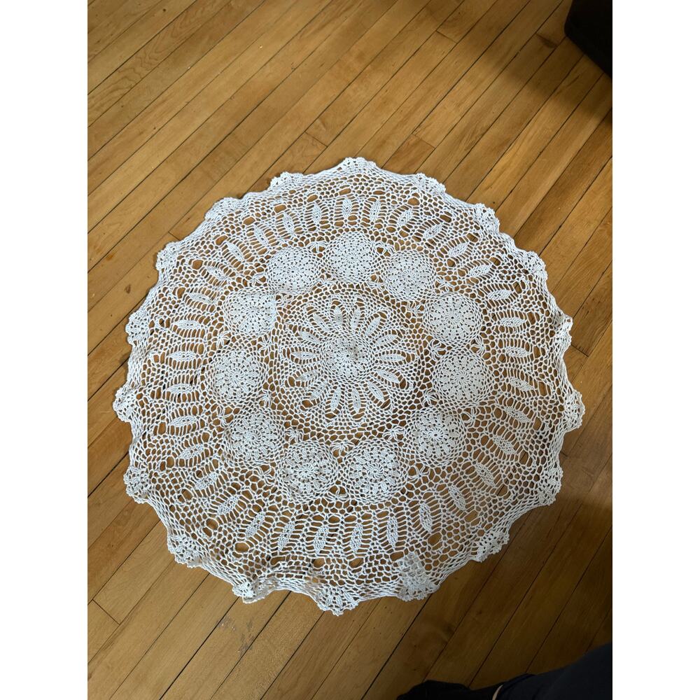 Vintage white lace round handmade doily 32.5” round